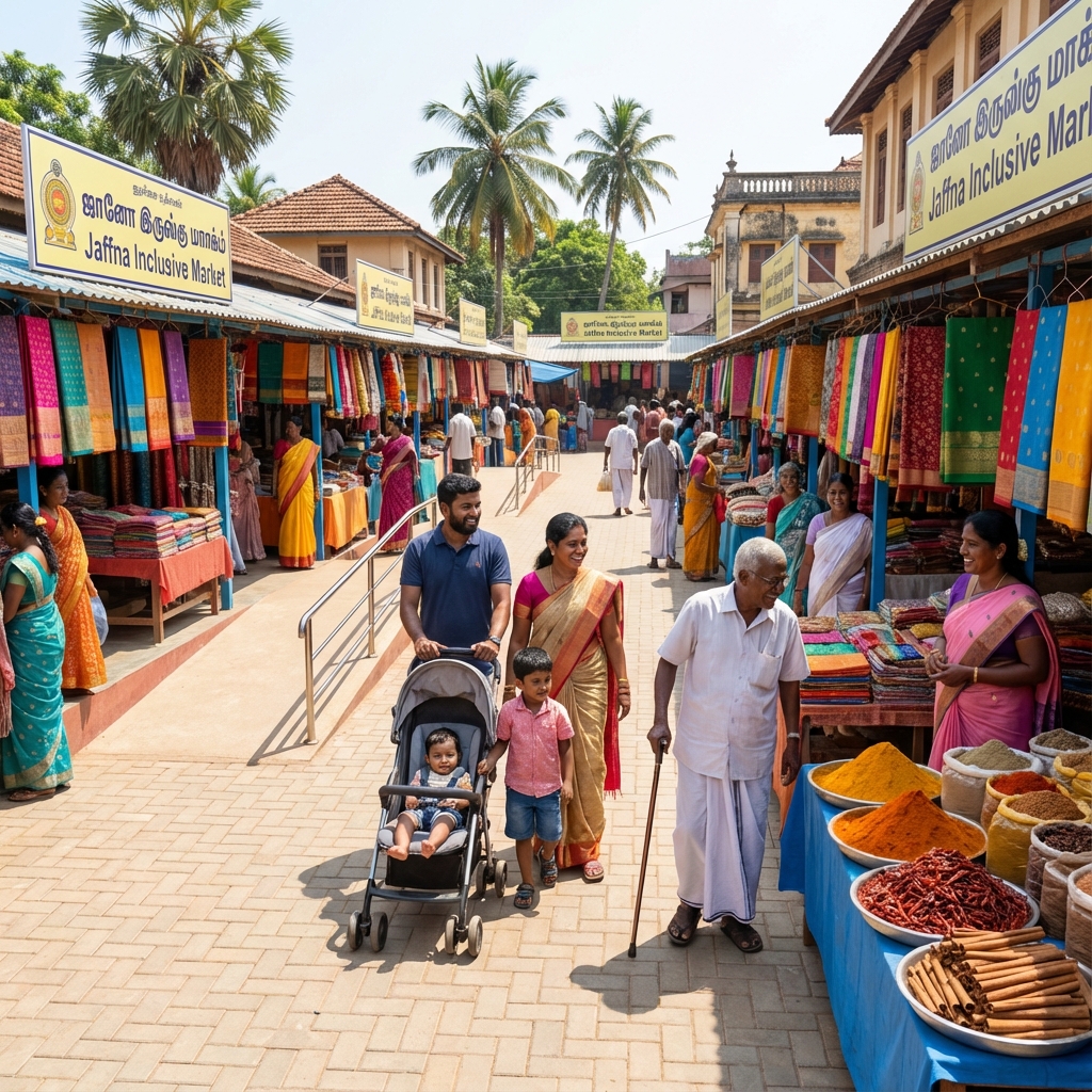 Cultural market in Jaffna with accessible ramps and wide pathways for diverse visitors