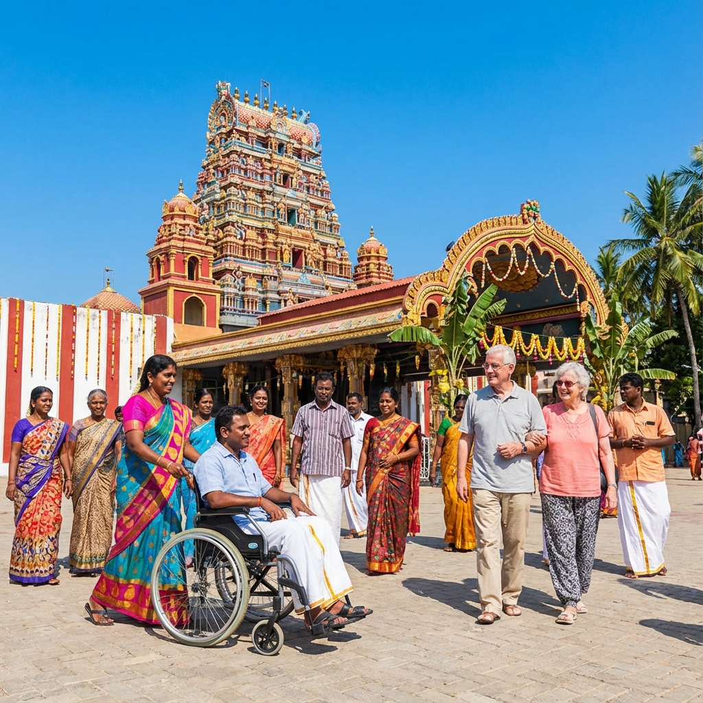 Diverse group of tourists including wheelchair users and elderly visiting Nallur Kandaswamy Kovil